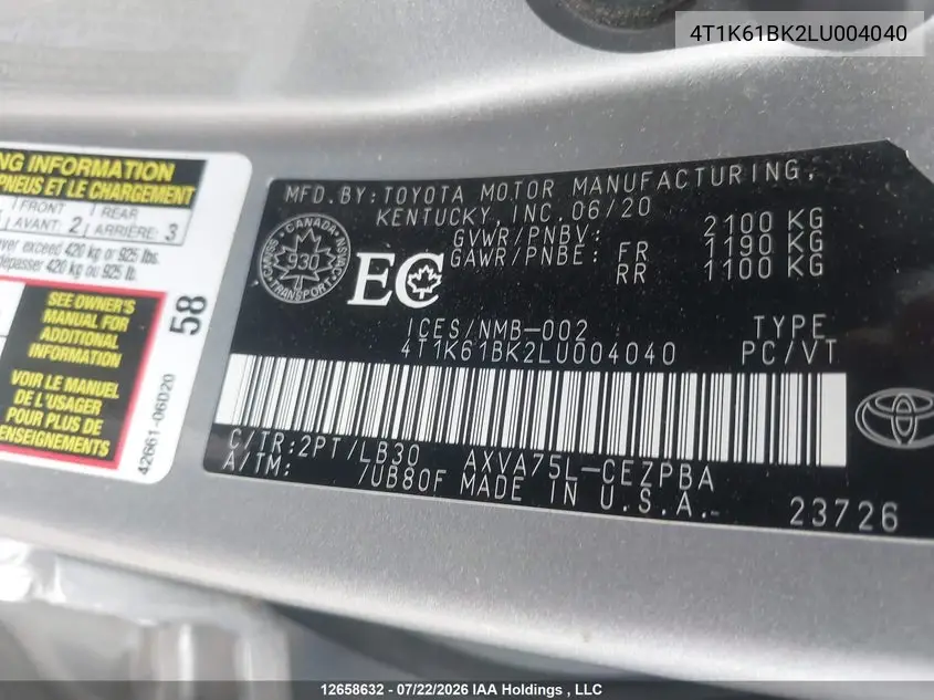 2020 TOYOTA CAMRY VIN 4T1K61BK2LU004040 — фото 9