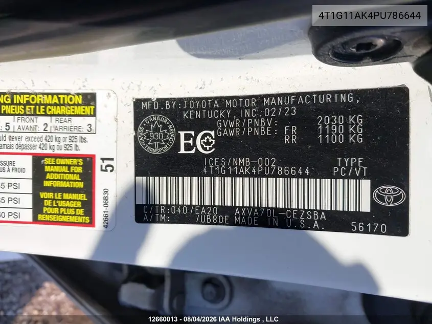 TOYOTA CAMRY 2023, VIN 4T1G11AK4PU786644