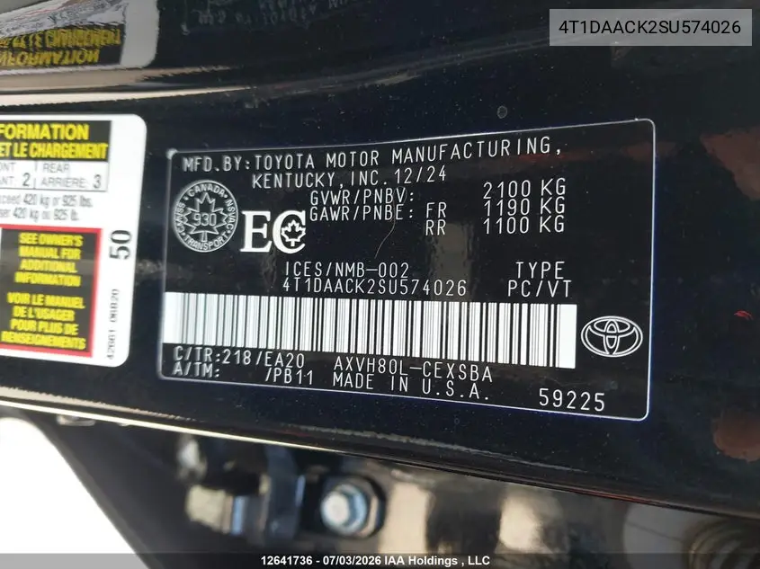 2025 TOYOTA CAMRY VIN 4T1DAACK2SU574026 — фото 9