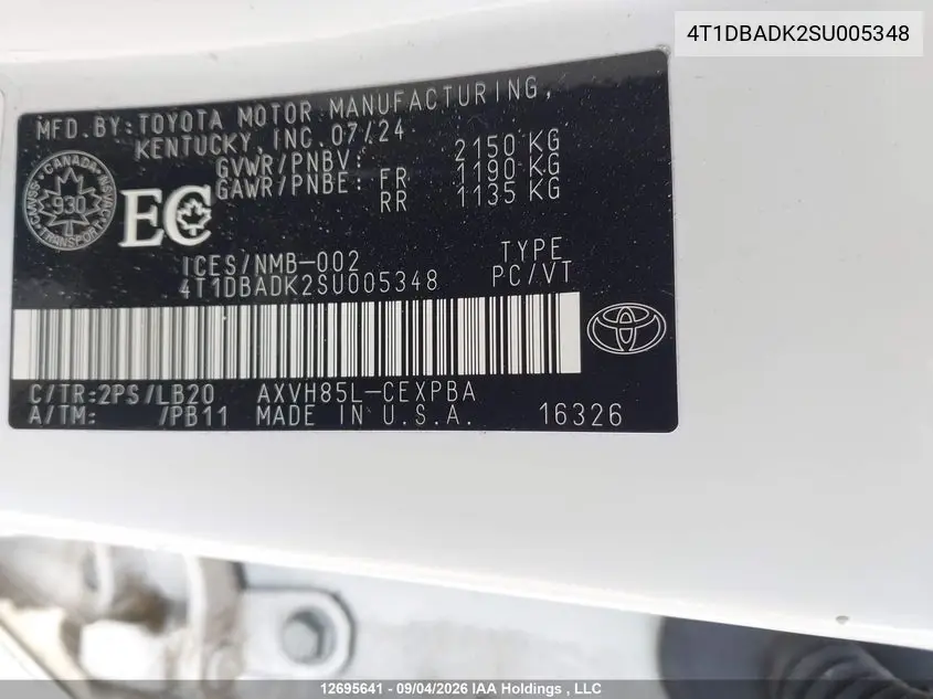2025 TOYOTA CAMRY VIN 4T1DBADK2SU005348 — фото 9