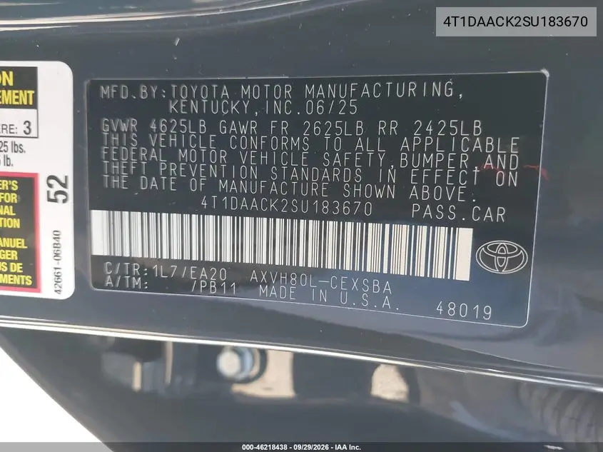 2025 TOYOTA CAMRY VIN 4T1DAACK2SU183670 — фото 9