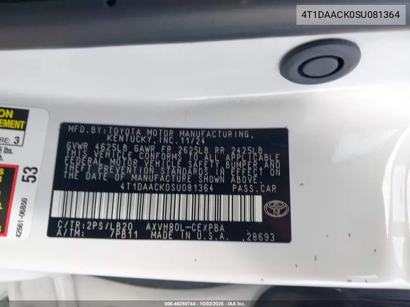 2025 TOYOTA CAMRY VIN 4T1DAACK0SU081364 — фото 9