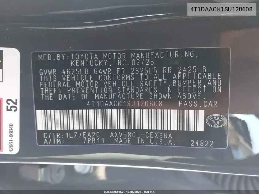2025 TOYOTA CAMRY VIN 4T1DAACK1SU120608 — фото 9