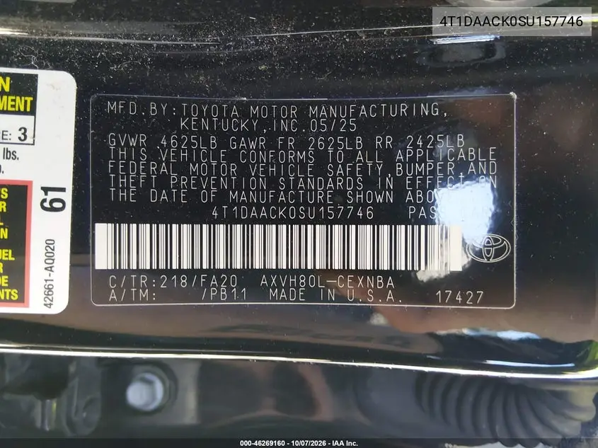 2025 TOYOTA CAMRY VIN 4T1DAACK0SU157746 — фото 9
