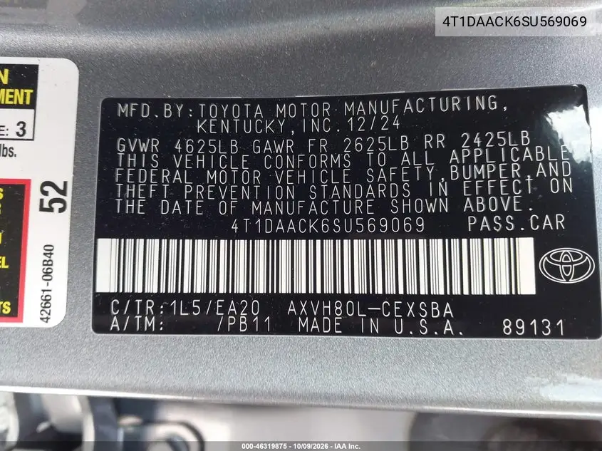2025 TOYOTA CAMRY VIN 4T1DAACK6SU569069 — фото 9
