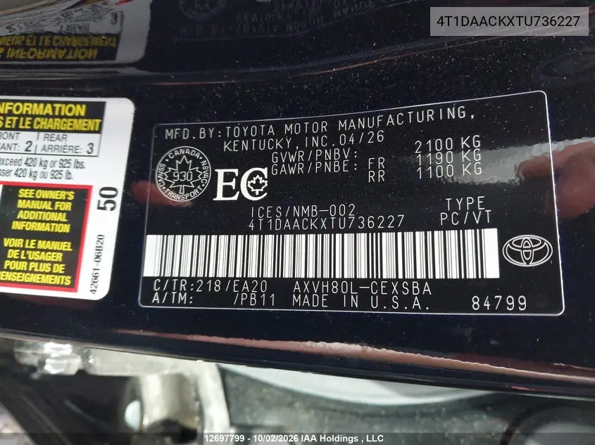 2026 TOYOTA CAMRY VIN 4T1DAACKXTU736227 — фото 9