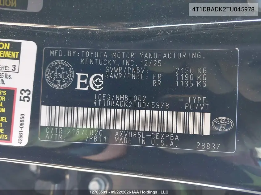 2026 TOYOTA CAMRY VIN 4T1DBADK2TU045978 — фото 21