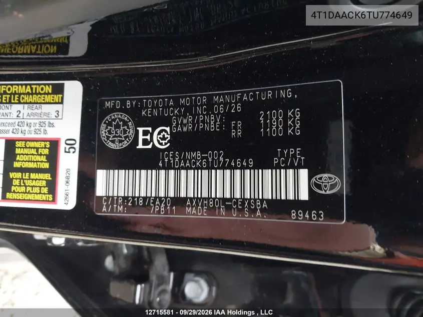 2026 TOYOTA CAMRY VIN 4T1DAACK6TU774649 — фото 9
