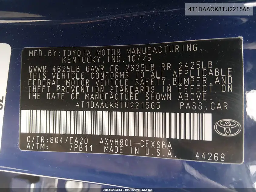 2026 TOYOTA CAMRY VIN 4T1DAACK8TU221565 — фото 9
