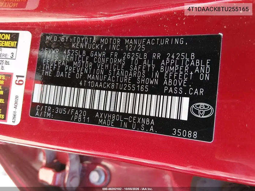 2026 TOYOTA CAMRY VIN 4T1DAACK8TU255165 — фото 9