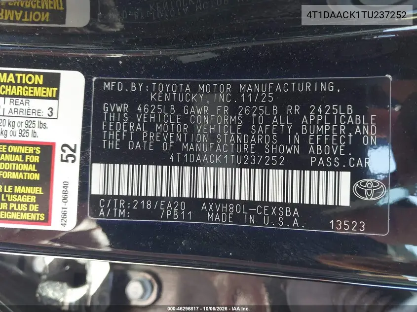 2026 TOYOTA CAMRY VIN 4T1DAACK1TU237252 — фото 9