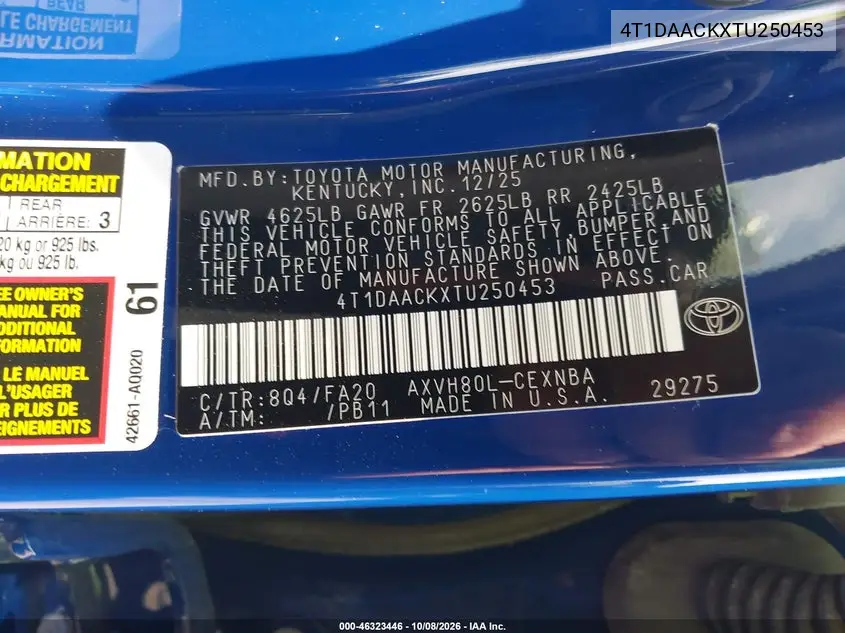 2026 TOYOTA CAMRY VIN 4T1DAACKXTU250453 — фото 9