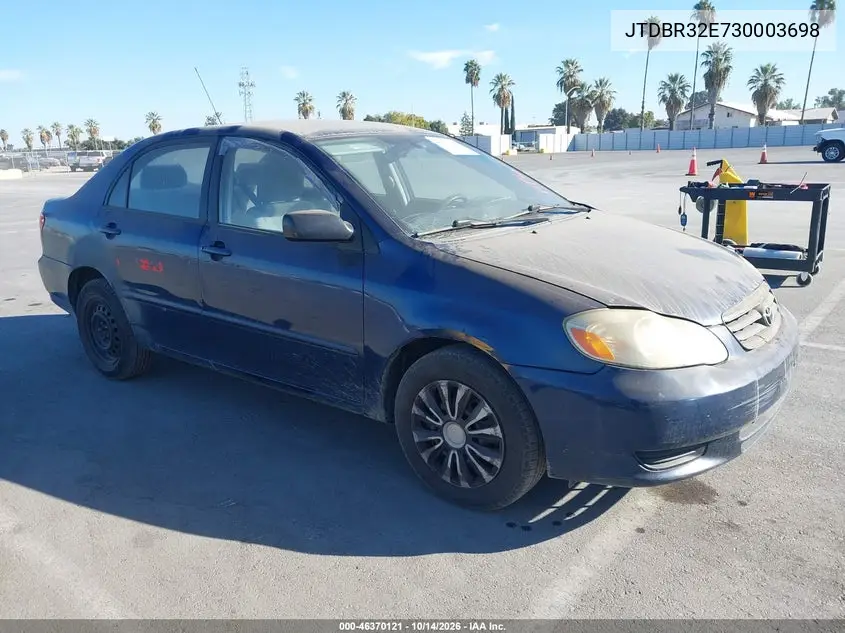 TOYOTA COROLLA 2003, VIN JTDBR32E730003698