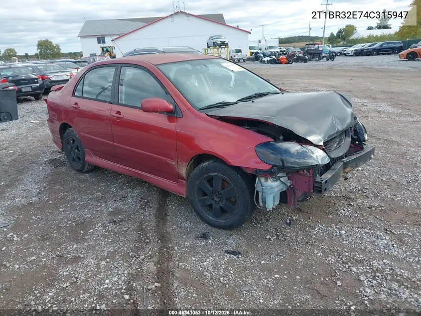 TOYOTA COROLLA 2004, VIN 2T1BR32E74C315947
