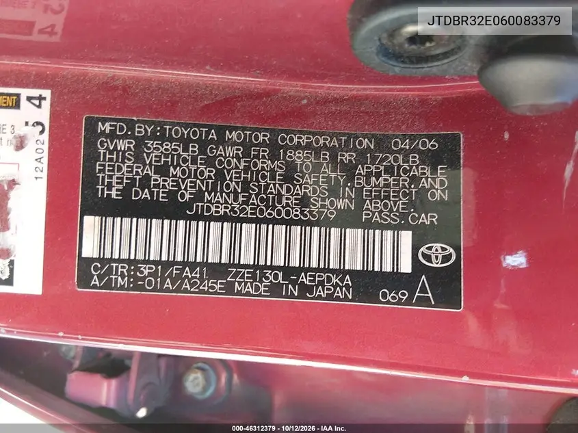 2006 TOYOTA COROLLA VIN JTDBR32E060083379 — фото 9