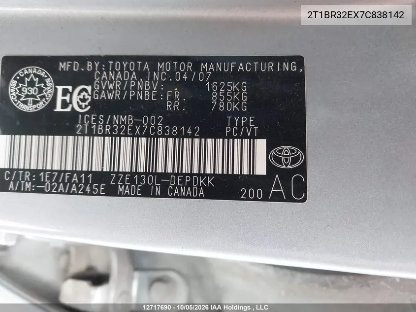 2007 TOYOTA COROLLA VIN 2T1BR32EX7C838142 — фото 9