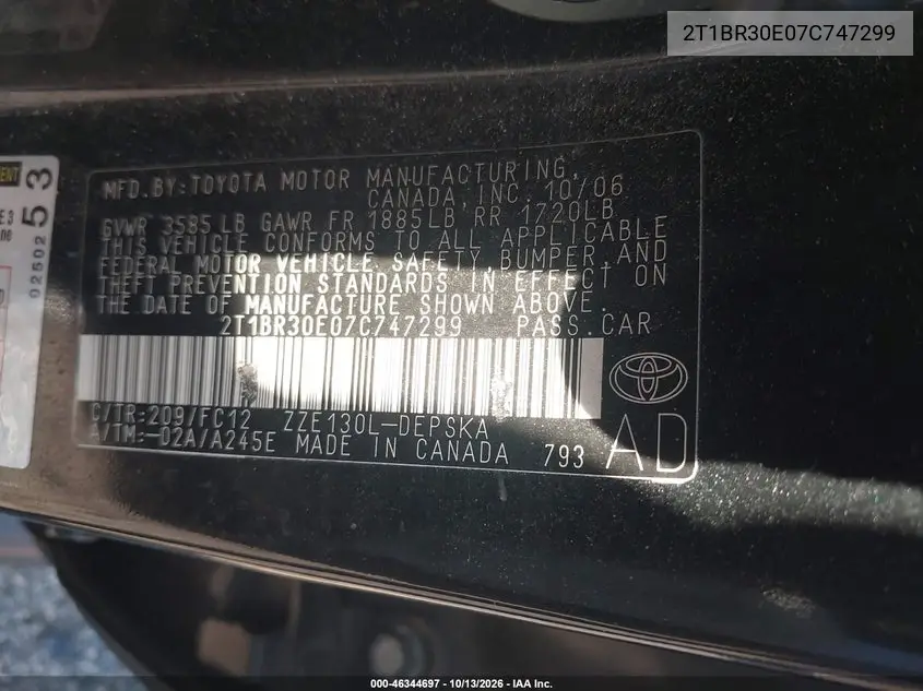 2007 TOYOTA COROLLA VIN 2T1BR30E07C747299 — фото 9