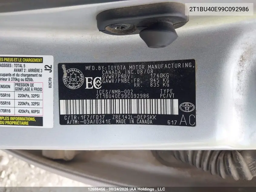 2009 TOYOTA COROLLA VIN 2T1BU40E99C092986 — фото 18