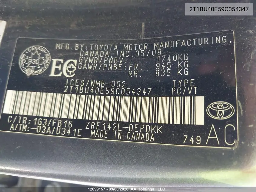 2009 TOYOTA COROLLA VIN 2T1BU40E59C054347 — фото 17