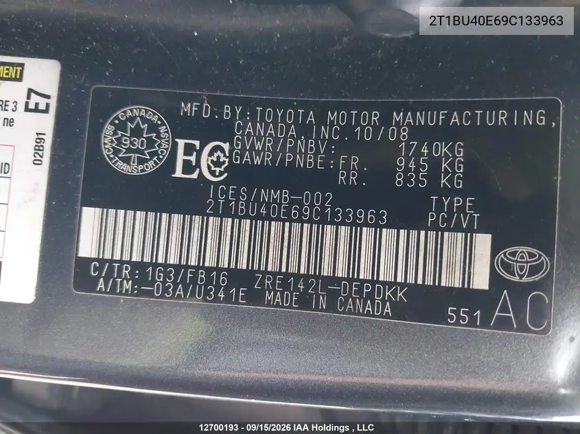 2009 TOYOTA COROLLA VIN 2T1BU40E69C133963 — фото 9