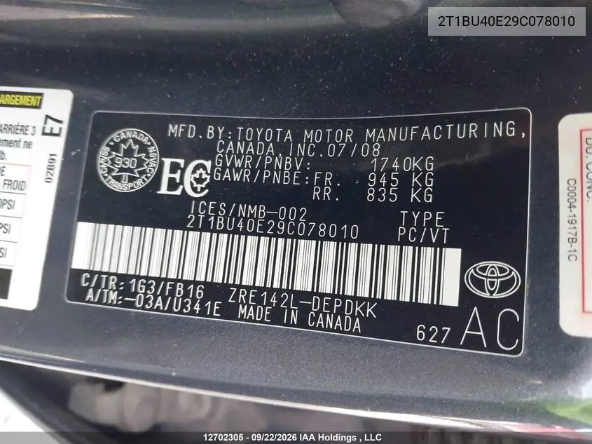 2009 TOYOTA COROLLA VIN 2T1BU40E29C078010 — фото 18