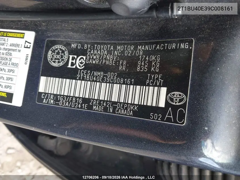 2009 TOYOTA COROLLA VIN 2T1BU40E39C008161 — фото 9