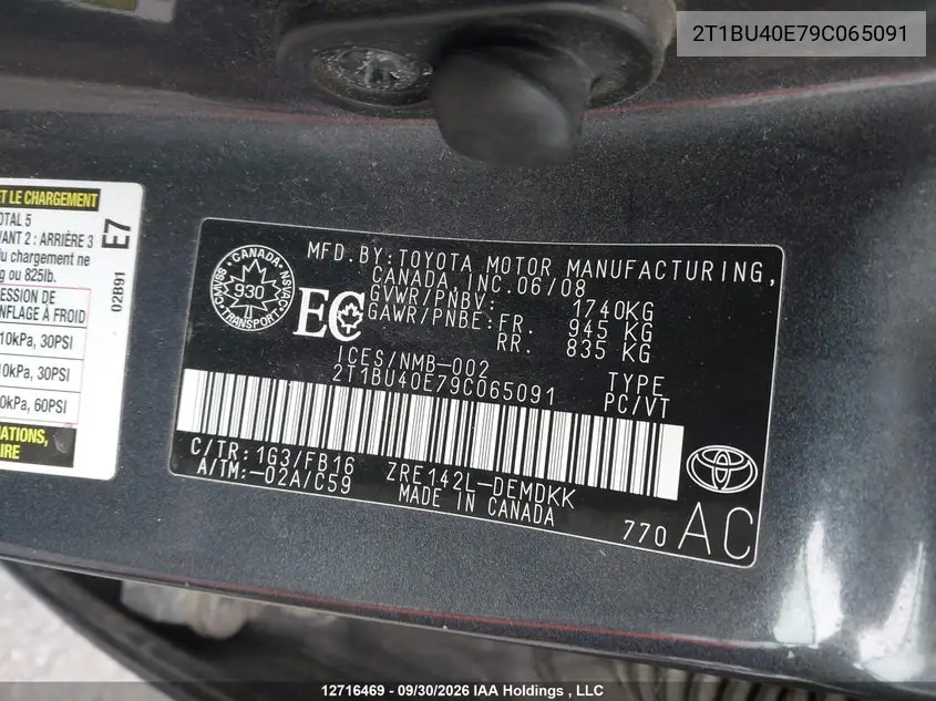 2009 TOYOTA COROLLA VIN 2T1BU40E79C065091 — фото 19