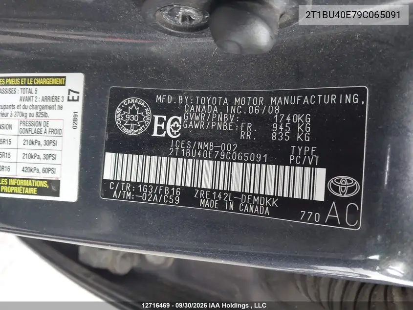 2009 TOYOTA COROLLA VIN 2T1BU40E79C065091 — фото 9