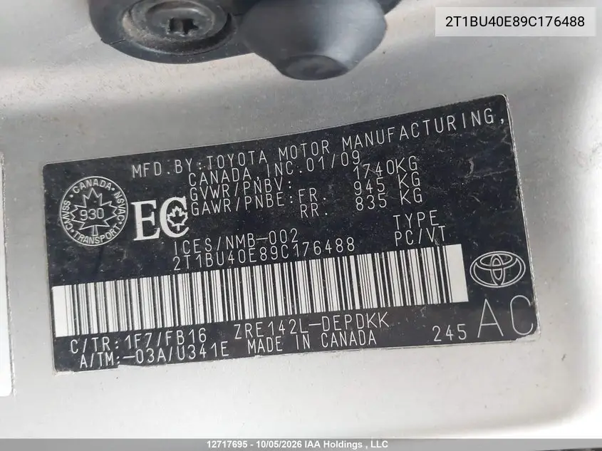2009 TOYOTA COROLLA VIN 2T1BU40E89C176488 — фото 9