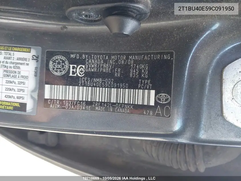 2009 TOYOTA COROLLA VIN 2T1BU40E59C091950 — фото 9
