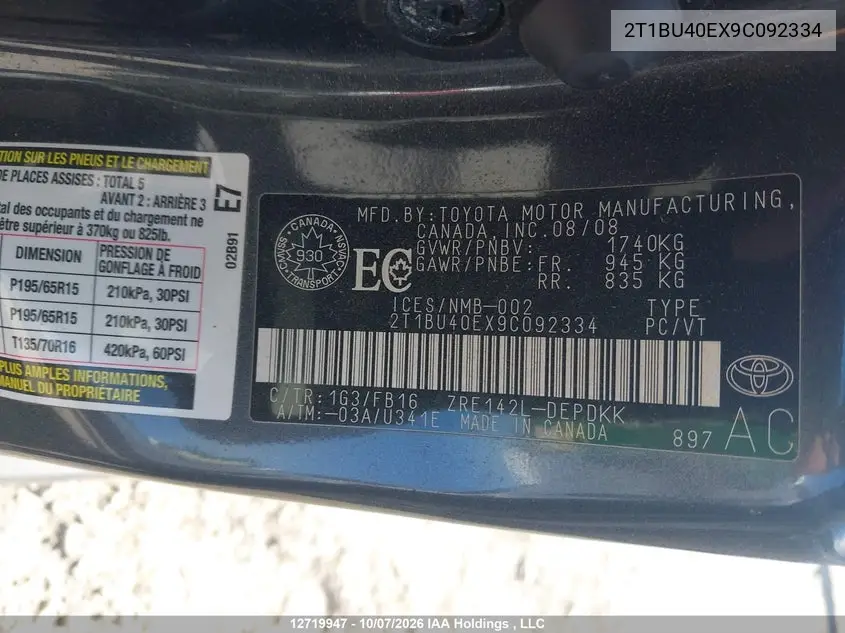 2009 TOYOTA COROLLA VIN 2T1BU40EX9C092334 — фото 9