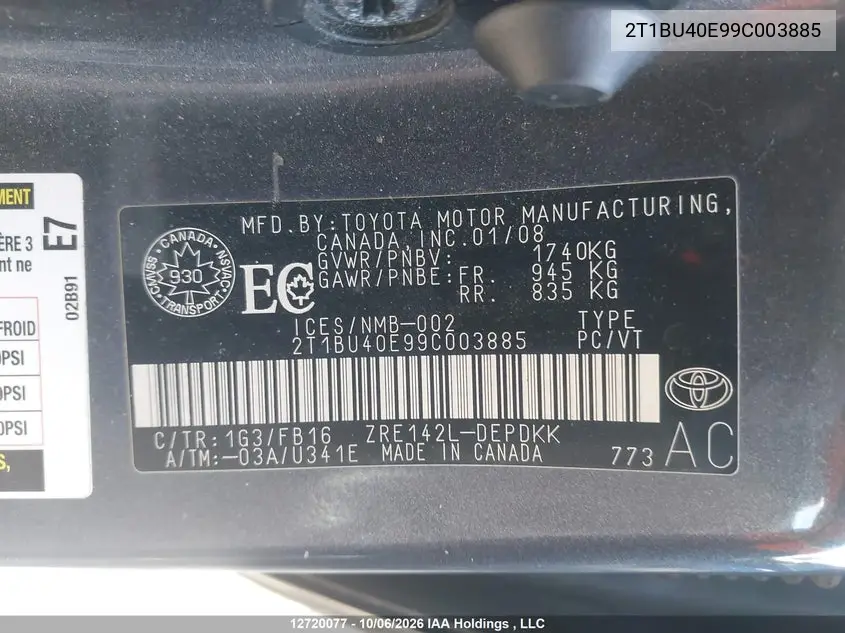 2009 TOYOTA COROLLA VIN 2T1BU40E99C003885 — фото 19
