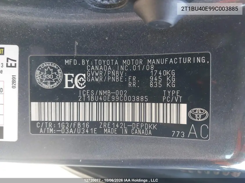 2009 TOYOTA COROLLA VIN 2T1BU40E99C003885 — фото 9