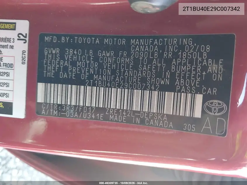 2009 TOYOTA COROLLA VIN 2T1BU40E29C007342 — фото 9
