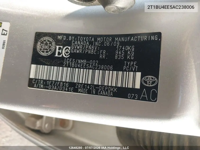 2010 TOYOTA COROLLA VIN 2T1BU4EE5AC238006 — фото 21