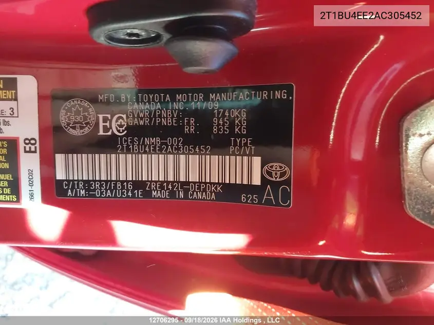 2010 TOYOTA COROLLA VIN 2T1BU4EE2AC305452 — фото 9