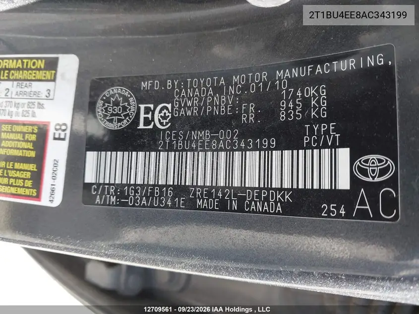 2010 TOYOTA COROLLA VIN 2T1BU4EE8AC343199 — фото 19