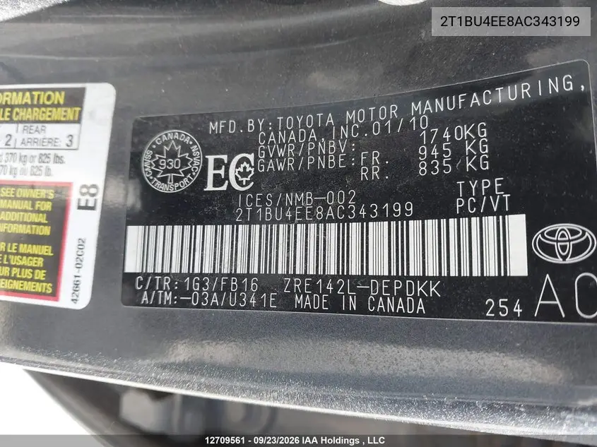 2010 TOYOTA COROLLA VIN 2T1BU4EE8AC343199 — фото 9