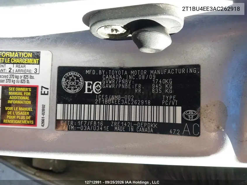 2010 TOYOTA COROLLA VIN 2T1BU4EE3AC262918 — фото 19