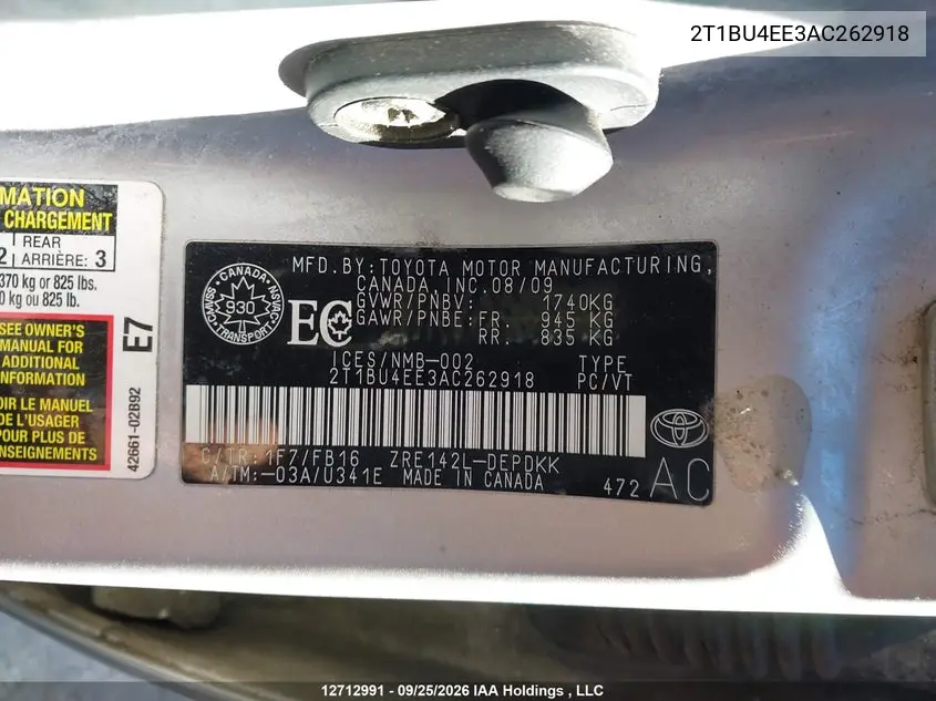 2010 TOYOTA COROLLA VIN 2T1BU4EE3AC262918 — фото 9