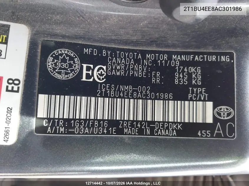 2010 TOYOTA COROLLA VIN 2T1BU4EE8AC301986 — фото 9