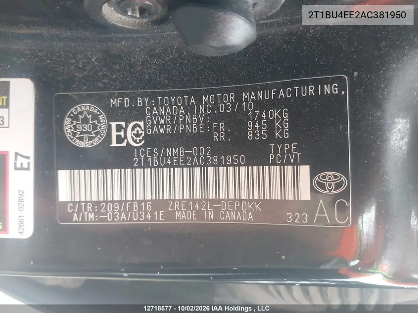 2010 TOYOTA COROLLA VIN 2T1BU4EE2AC381950 — фото 19
