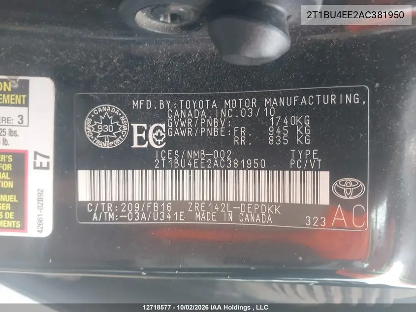 2010 TOYOTA COROLLA VIN 2T1BU4EE2AC381950 — фото 9