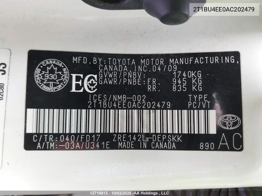 2010 TOYOTA COROLLA VIN 2T1BU4EE0AC202479 — фото 18