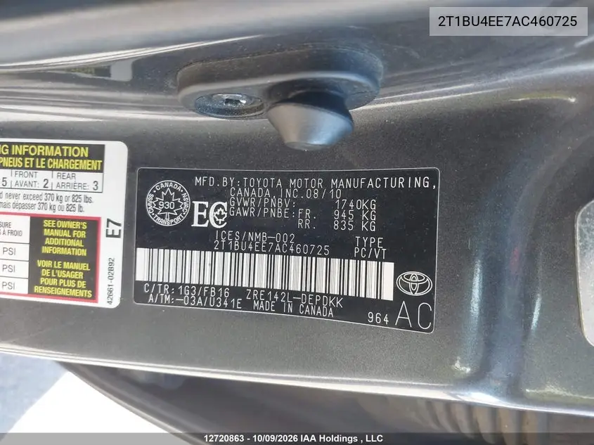 2010 TOYOTA COROLLA VIN 2T1BU4EE7AC460725 — фото 9