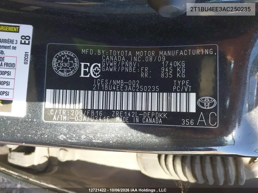 2010 TOYOTA COROLLA VIN 2T1BU4EE3AC250235 — фото 9