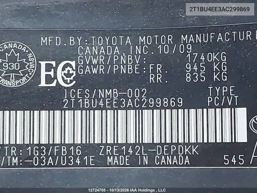 2010 TOYOTA COROLLA VIN 2T1BU4EE3AC299869 — фото 9