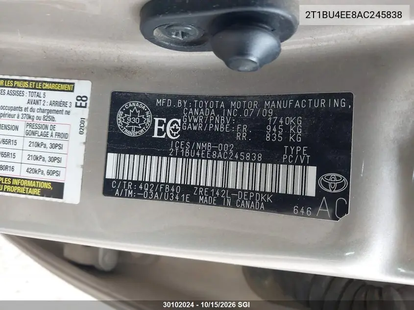 2010 TOYOTA COROLLA VIN 2T1BU4EE8AC245838 — фото 9
