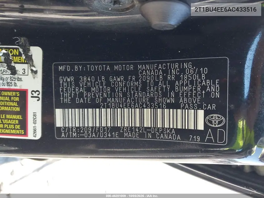 2010 TOYOTA COROLLA VIN 2T1BU4EE6AC433516 — фото 9