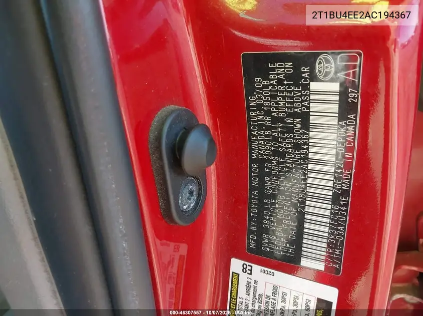 2010 TOYOTA COROLLA VIN 2T1BU4EE2AC194367 — фото 9
